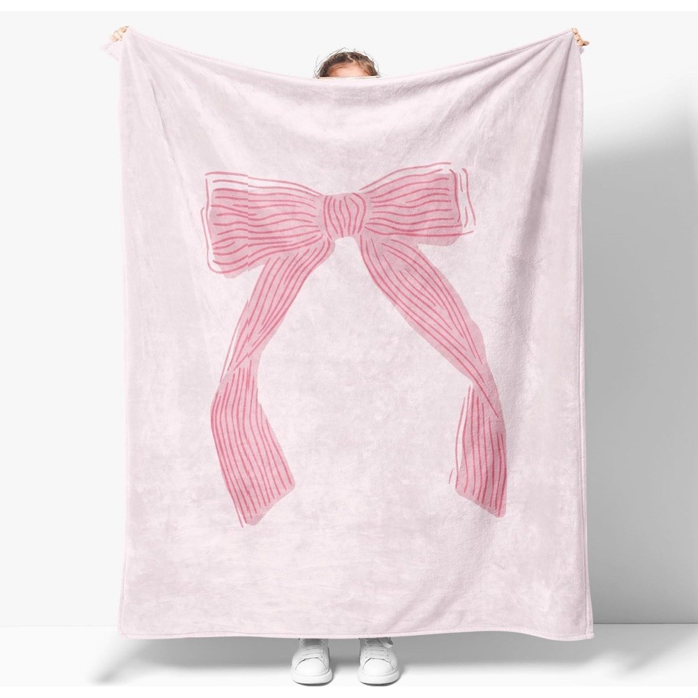 Preppy Coquette Pink Bow Throw Blanket Trendy Flannel Fuzzy Blanket Girly Pin...